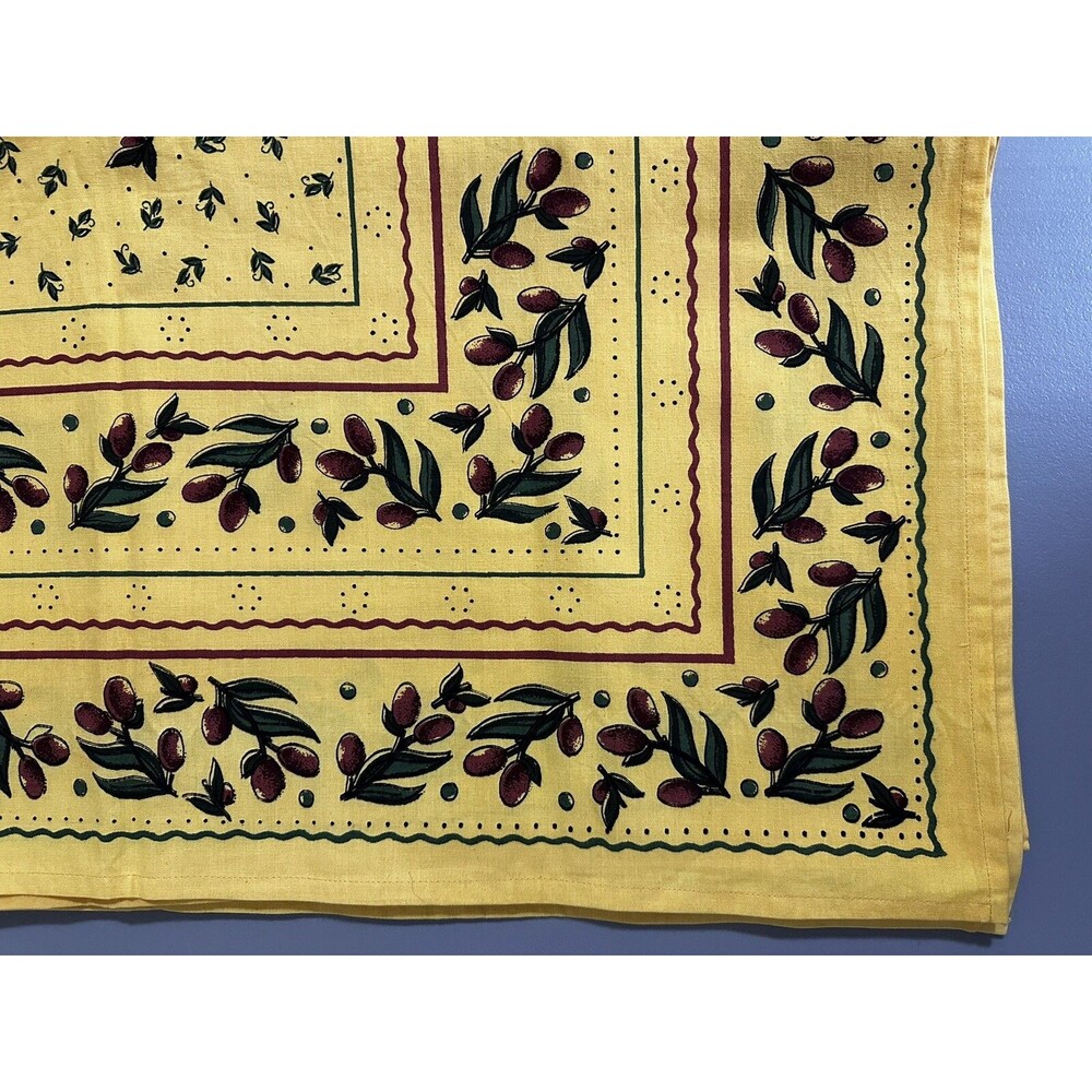Primitive Artisan Inc Tablecloth Olives & Leaf Print Yellow 100% Cotton 59 X 61”